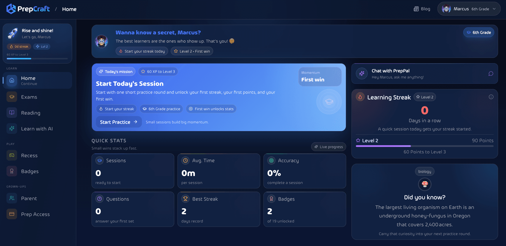 PrepCraft student home with daily session, quick stats, and learning streak
