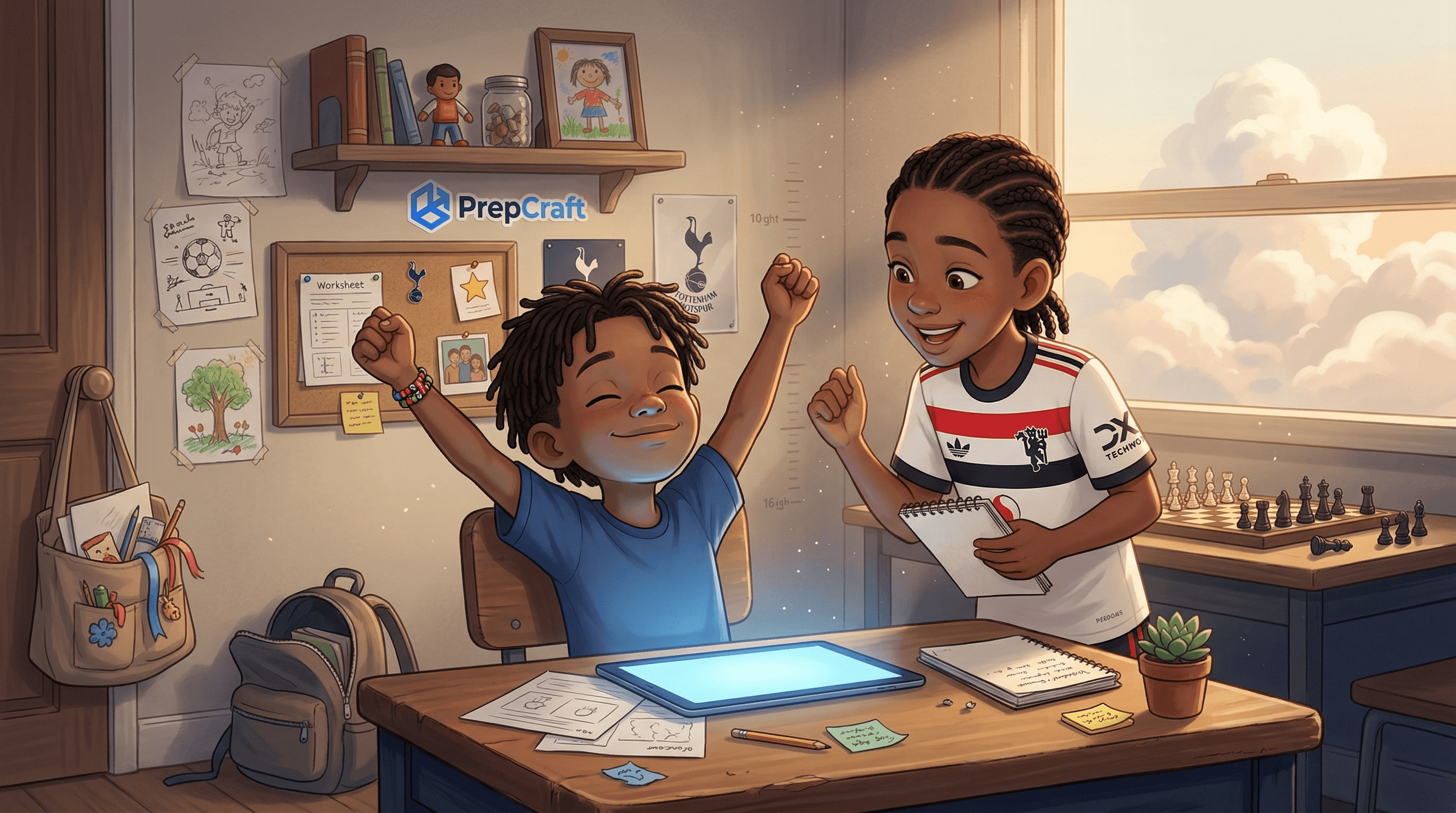 Two kids celebrating learning success — one doing a victory fist pump at a desk, the other ready to go play